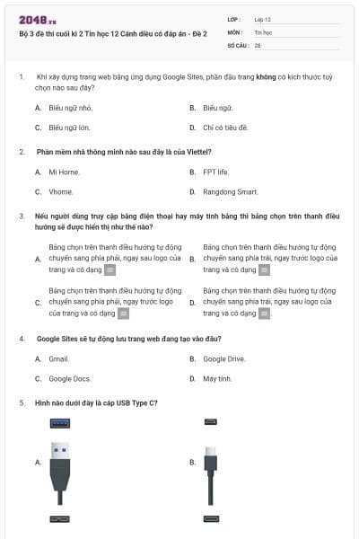 Bộ 3 đề thi cuối kì 2 Tin học 12 Cánh diều có đáp án - Đề 2
