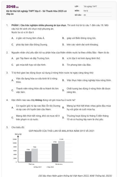 Đề thi thử tốt nghiệp THPT Địa lí - Sở Thanh Hóa 2025 có đáp án