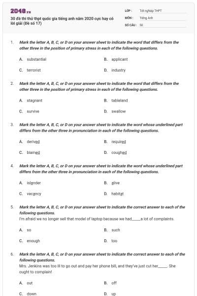 30 đề thi thử thpt quốc gia tiếng anh năm 2020 cực hay có lời giải (Đề số 17)