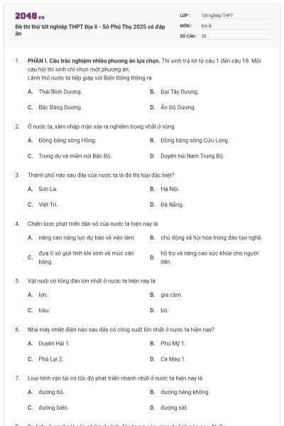 Đề thi thử tốt nghiệp THPT Địa lí - Sở Phú Thọ 2025 có đáp án