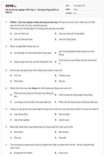 Đề thi thử tốt nghiệp THPT Địa lí - Sở Đồng Tháp 2025 có đáp án
