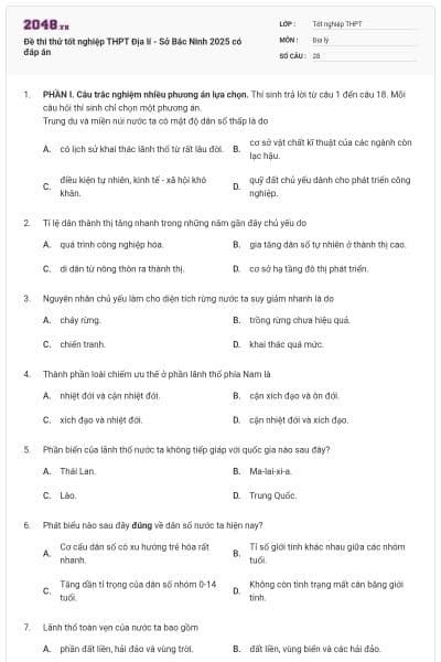 Đề thi thử tốt nghiệp THPT Địa lí - Sở Bắc Ninh 2025 có đáp án