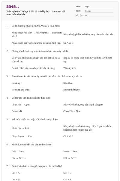 Trắc nghiệm Tin học 6 Bài 13 (có đáp án): Làm quen với soạn thảo văn bản