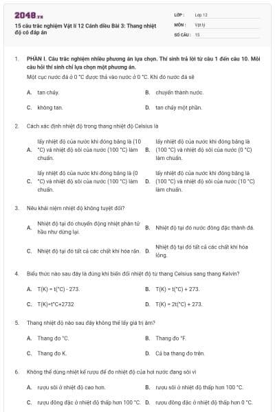 15 câu trắc nghiệm Vật lí 12 Cánh diều Bài 3: Thang nhiệt độ có đáp án
