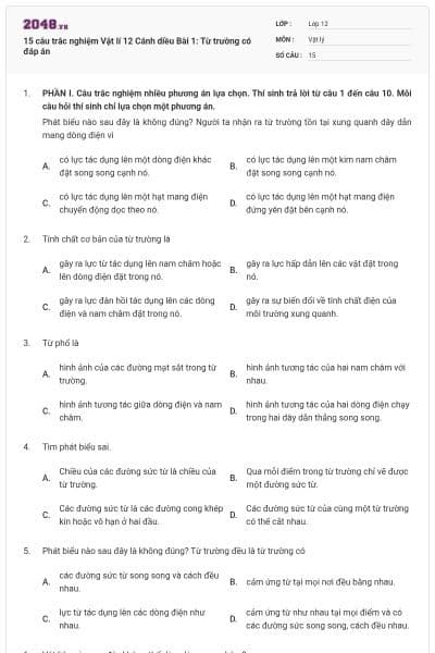 15 câu trắc nghiệm Vật lí 12 Cánh diều Bài 1: Từ trường có đáp án