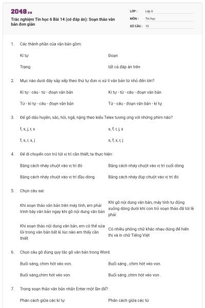 Trắc nghiệm Tin học 6 Bài 14 (có đáp án): Soạn thảo văn bản đơn giản