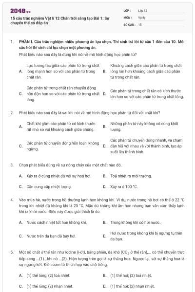 15 câu trắc nghiệm Vật lí 12 Chân trời sáng tạo Bài 1: Sự chuyển thể có đáp án