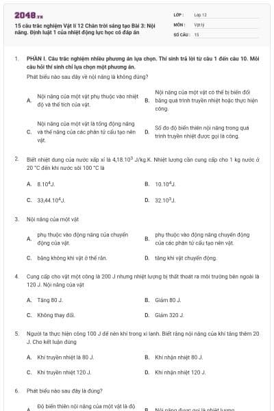 15 câu trắc nghiệm Vật lí 12 Chân trời sáng tạo Bài 3: Nội năng. Định luật 1 của nhiệt động lực học có đáp án