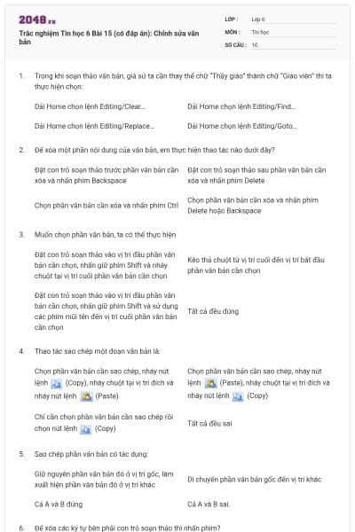 Trắc nghiệm Tin học 6 Bài 15 (có đáp án): Chỉnh sửa văn bản