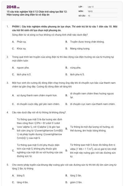15 câu trắc nghiệm Vật lí 12 Chân trời sáng tạo Bài 12: Hiện tượng cảm ứng điện từ có đáp án