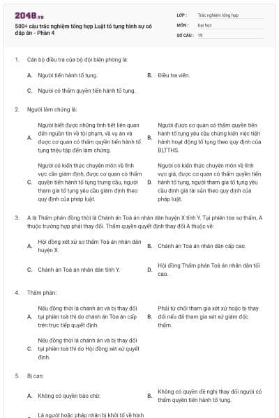 500+ câu trắc nghiệm tổng hợp Luật tố tụng hình sự có đáp án - Phần 4