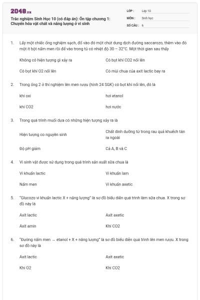 Trắc nghiệm Sinh Học 10 (có đáp án): Ôn tập chương 1: Chuyển hóa vật chất và năng lượng ở vi sinh