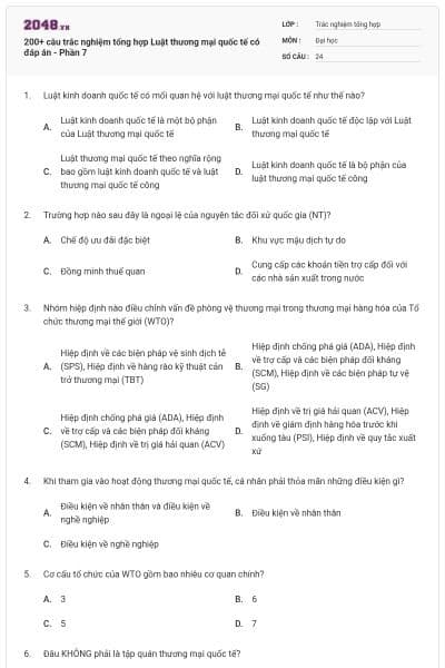 200+ câu trắc nghiệm tổng hợp Luật thương mại quốc tế có đáp án - Phần 7