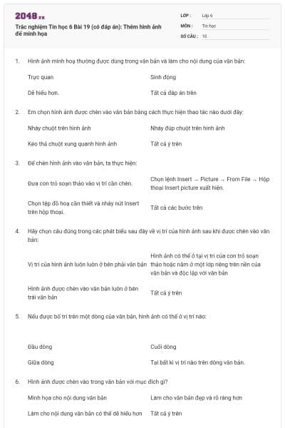 Trắc nghiệm Tin học 6 Bài 19 (có đáp án): Thêm hình ảnh để minh họa