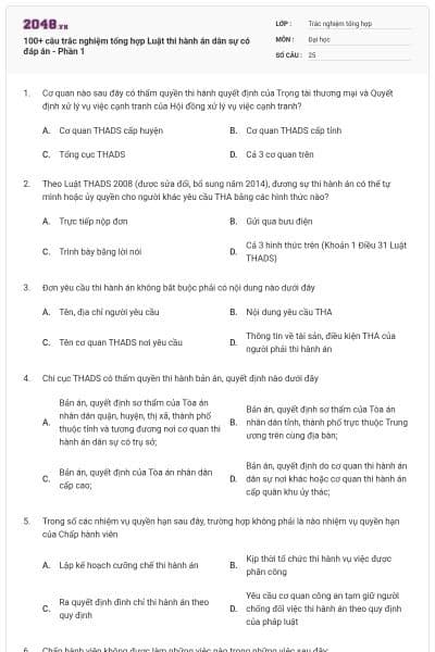 100+ câu trắc nghiệm tổng hợp Luật thi hành án dân sự có đáp án - Phần 1