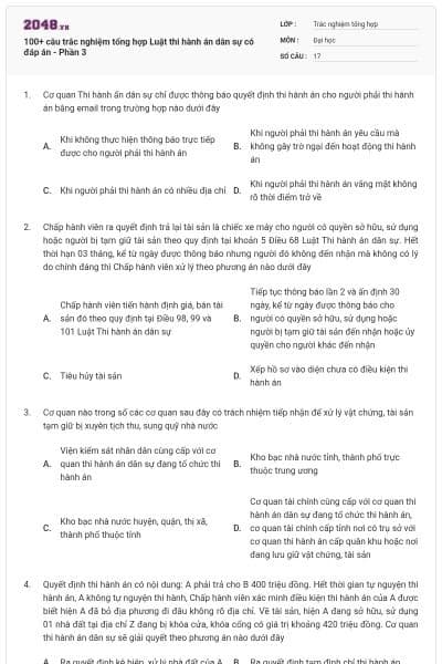 100+ câu trắc nghiệm tổng hợp Luật thi hành án dân sự có đáp án - Phần 3