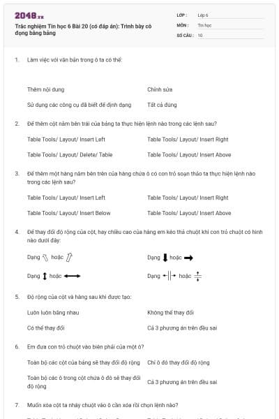 Trắc nghiệm Tin học 6 Bài 20 (có đáp án): Trình bày cô đọng bằng bảng