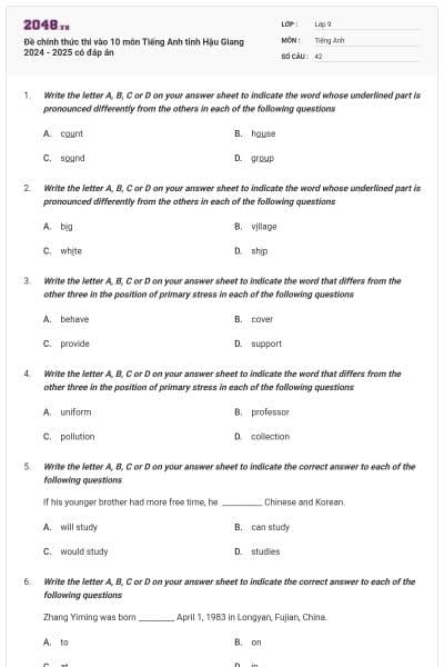 Đề chính thức thi vào 10 môn Tiếng Anh tỉnh Hậu Giang 2024 - 2025 có đáp án