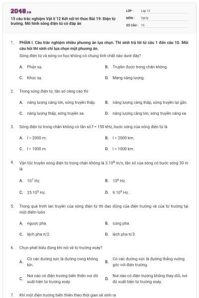 15 câu trắc nghiệm Vật lí 12 Kết nối tri thức Bài 19: Điện từ trường. Mô hình sóng điện từ có đáp án