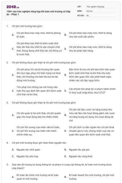 100+ câu trắc nghiệm tổng hợp Kế toán môi trường có đáp án - Phần 1