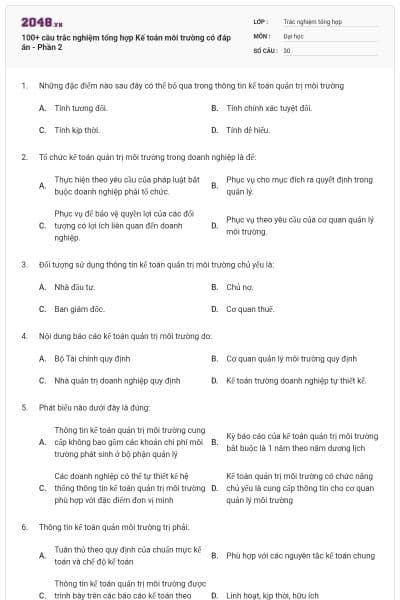 100+ câu trắc nghiệm tổng hợp Kế toán môi trường có đáp án - Phần 2