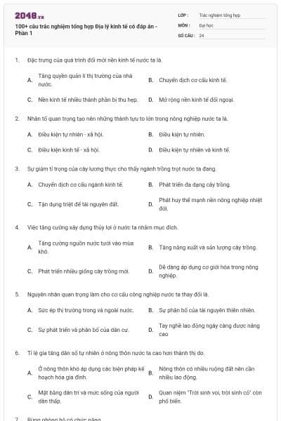 100+ câu trắc nghiệm tổng hợp Địa lý kinh tế có đáp án - Phần 1