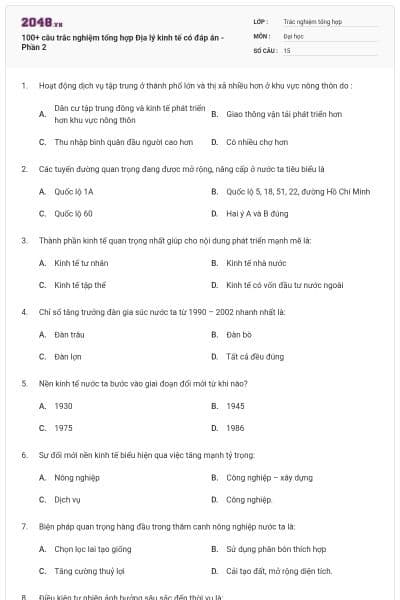 100+ câu trắc nghiệm tổng hợp Địa lý kinh tế có đáp án - Phần 2