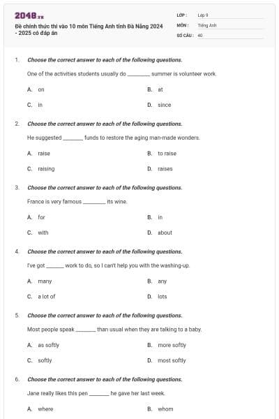 Đề chính thức thi vào 10 môn Tiếng Anh tỉnh Đà Nẵng 2024 - 2025 có đáp án