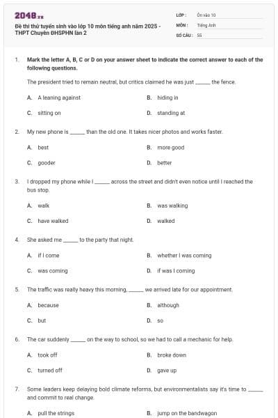 Đề thi thử tuyển sinh vào lớp 10 môn tiếng anh năm 2025 - THPT Chuyên ĐHSPHN lần 2