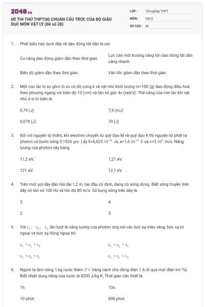 ĐỀ THI THỬ THPTQG CHUẨN CẤU TRÚC CỦA BỘ GIÁO DỤC MÔN VẬT LÝ (Đề số 28)