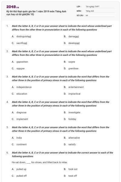 Kỳ thi thử thpt quốc gia lần 1 năm 2019 môn Tiếng Anh cực hay có lời giải(Đề 10)