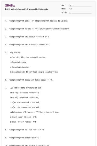 Bài 3: Một số phương trình lượng giác thường gặp