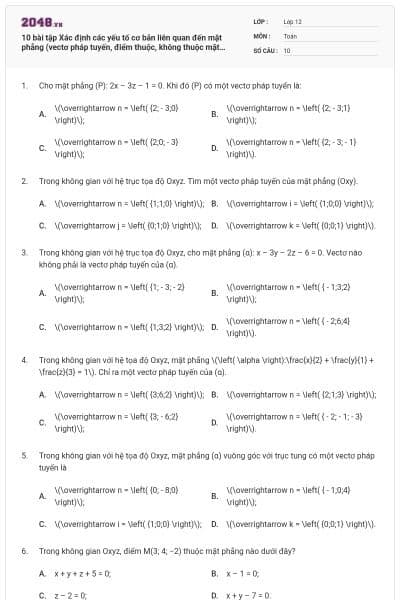 10 bài tập Xác định các yếu tố cơ bản liên quan đến mặt phẳng (vectơ pháp tuyến, điểm thuộc, không thuộc mặt phẳng) có lời giải