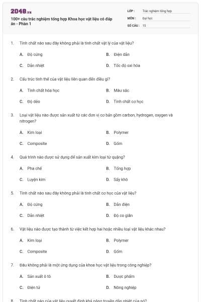 100+ câu trắc nghiệm tổng hợp Khoa học vật liệu có đáp án - Phần 1
