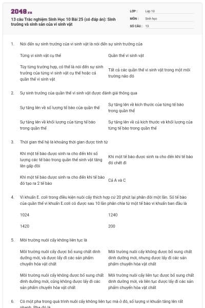 13 câu Trắc nghiệm Sinh Học 10 Bài 25 (có đáp án): Sinh trưởng và sinh sản của vi sinh vật
