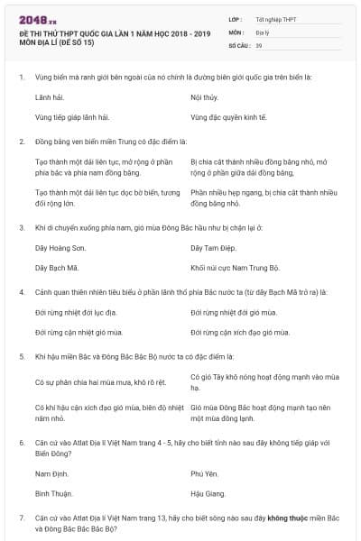 ĐỀ THI THỬ THPT QUỐC GIA LẦN 1 NĂM HỌC 2018 - 2019 MÔN ĐỊA LÍ (ĐẾ SỐ 15)