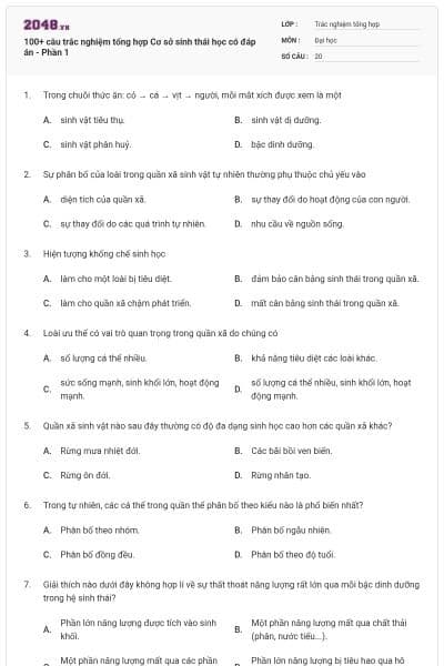 100+ câu trắc nghiệm tổng hợp Cơ sở sinh thái học có đáp án - Phần 1