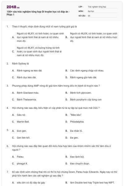 100+ câu trắc nghiệm tổng hợp Di truyền học có đáp án - Phần 1