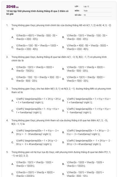 10 bài tập Viết phương trình đường thẳng đi qua 2 điểm có lời giải