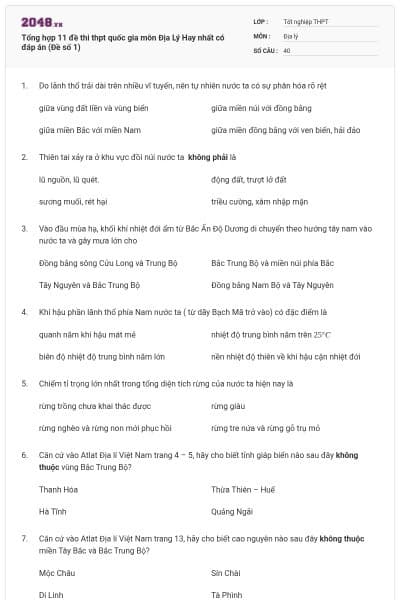 Tổng hợp 11 đề thi thpt quốc gia môn Địa Lý Hay nhất có đáp án (Đề số 1)