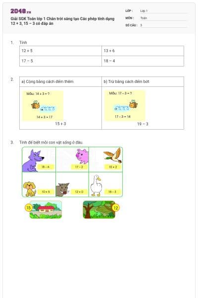 Giải SGK Toán lớp 1 Chân trời sáng tạo Các phép tính dạng 12 + 3, 15 – 3 có đáp án