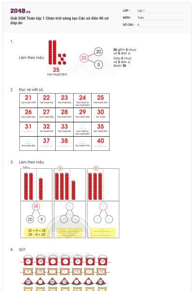 Giải SGK Toán lớp 1 Chân trời sáng tạo Các số đến 40 có đáp án