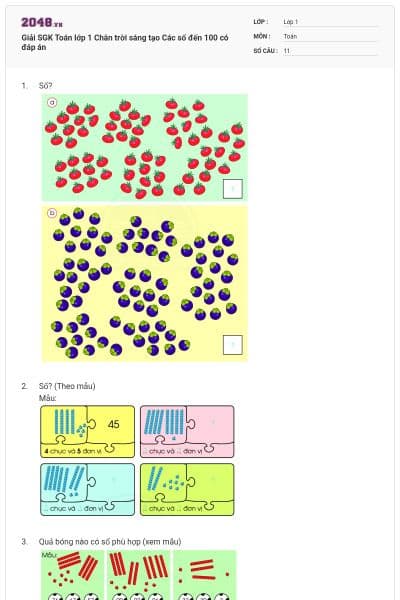 Giải SGK Toán lớp 1 Chân trời sáng tạo Các số đến 100 có đáp án