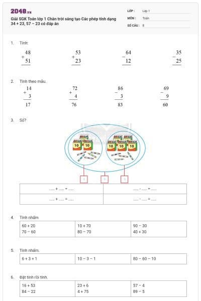 Giải SGK Toán lớp 1 Chân trời sáng tạo Các phép tính dạng 34 + 23, 57 – 23 có đáp án