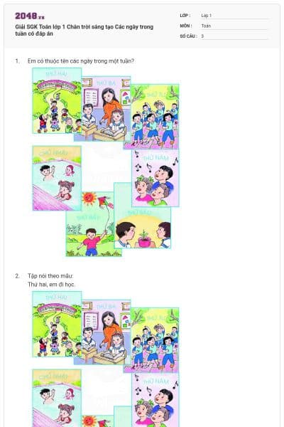 Giải SGK Toán lớp 1 Chân trời sáng tạo Các ngày trong tuần  có đáp án