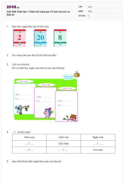Giải SGK Toán lớp 1 Chân trời sáng tạo Tờ lịch của em có đáp án