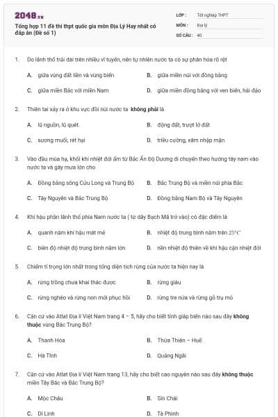 Tổng hợp 11 đề thi thpt quốc gia môn Địa Lý Hay nhất có đáp án (Đề số 1)