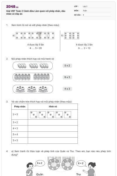 Giải VBT Toán 2 Cánh diều Làm quen với phép nhân, dấu nhân có đáp án