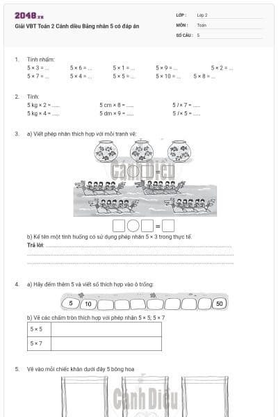 Giải VBT Toán 2 Cánh diều Bảng nhân 5 có đáp án