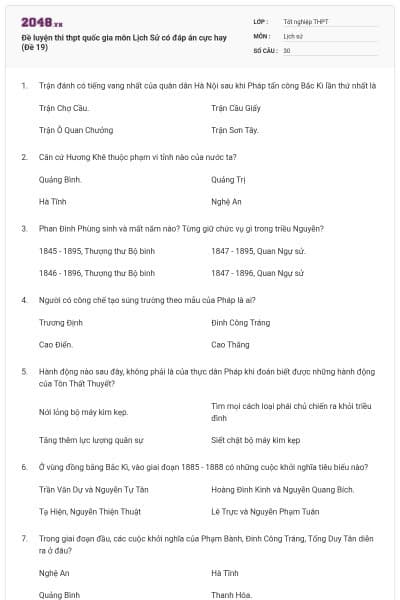 Đề luyện thi thpt quốc gia môn Lịch Sử có đáp án cực hay (Đề 19)